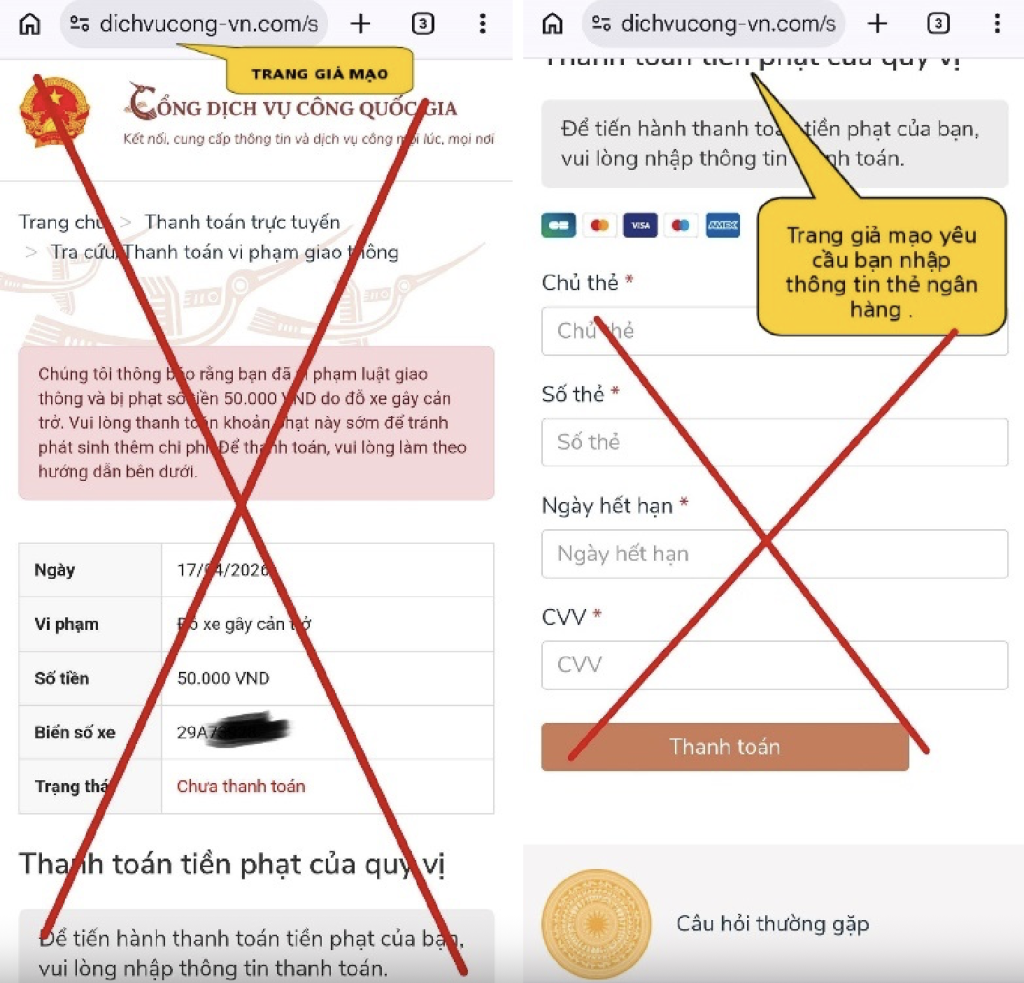 Cảnh báo về thủ đoạn lừa đảo phạt nguội 50.000 VND thông qua các website giả mạo Cổng dịch vụ công. Ảnh: Công an Hà Nội.