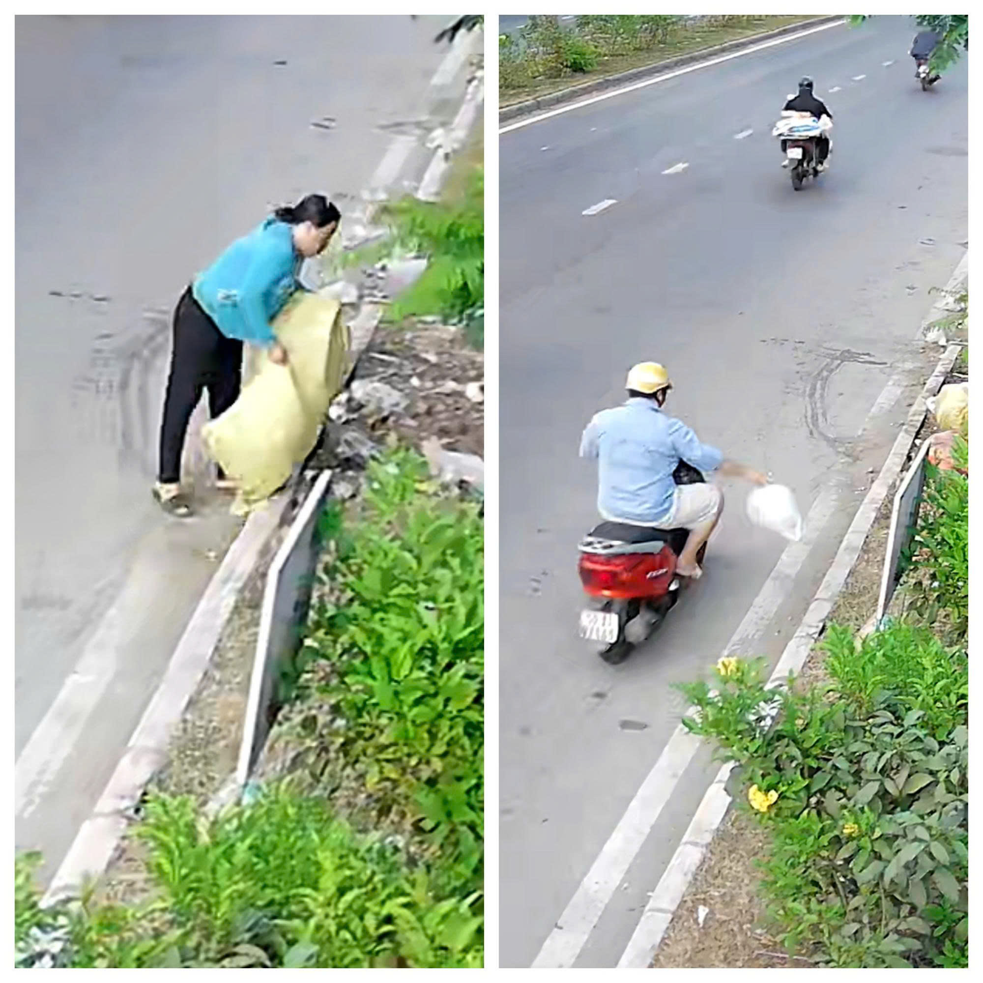 Camera an ninh ghi nhận hành vi vứt rác bừa bãi của hai cá nhân trên đường Nguyễn Văn Linh, là căn cứ để xử lý phạt nguội theo quy định.